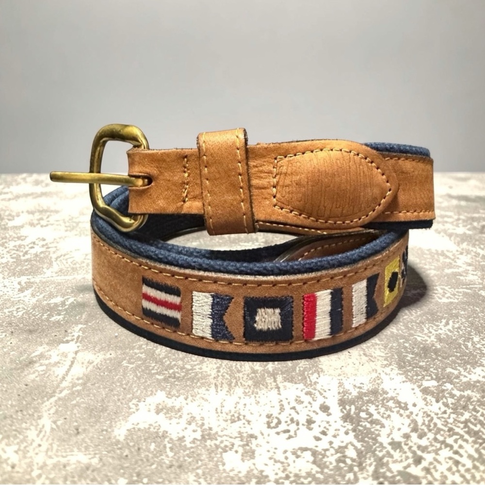 Vintage 90s Zeppelin Leather Tan Navy Nautical Embroidered Sailing Flag Belt